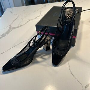 Vince Camuto Somlee Patent Leather Dotted Mesh Ankle Strap Cap Toe Pumps